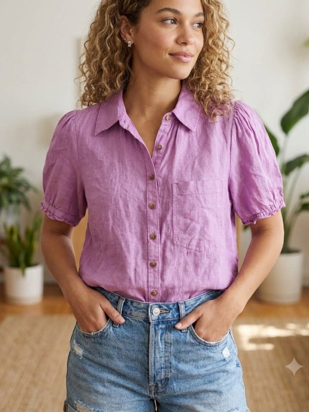 NWT Anthropologie Pilcro The Aly 100% Linen Puff Sleeve Blouse Orchid Purple Med
